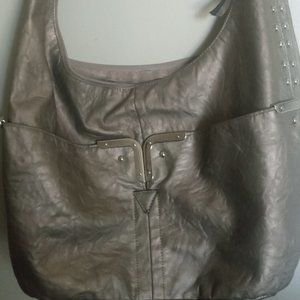 Bueno Faux Leather Silver Like Straps Beige & Silver Tan Shoulder Bag 17.5"x12"
